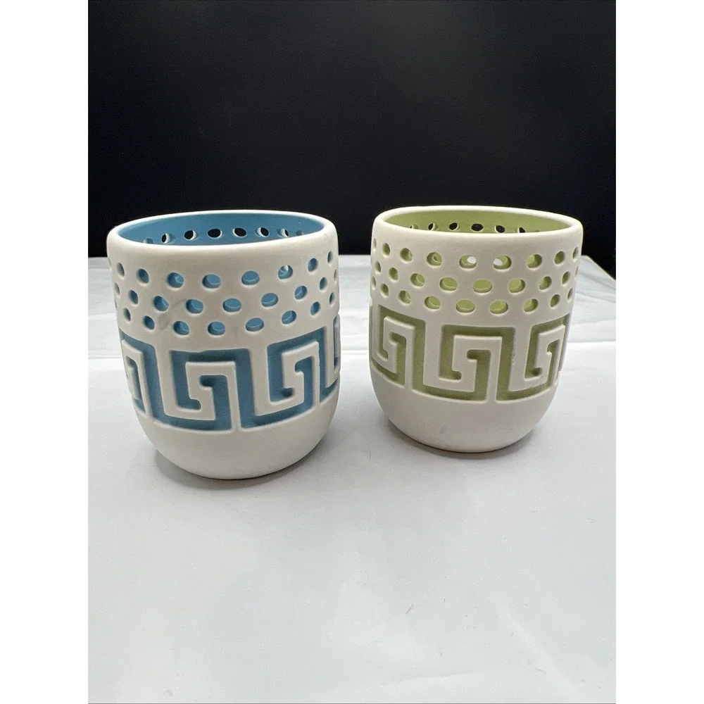 Pair AVON Spafinder Tealight Votive Candle Holders Blue & Green